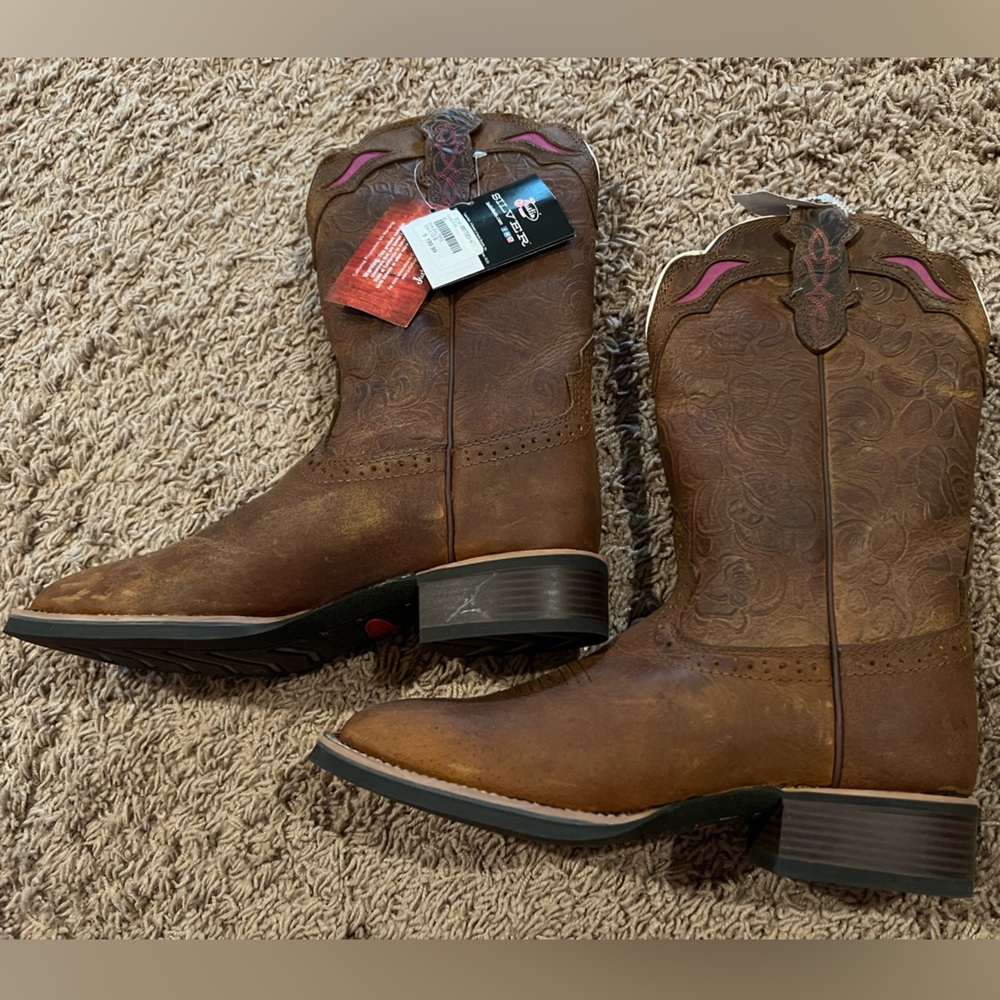 Justin Boots Brown Leather Western Boots with  Pink Trim and Floral Accents